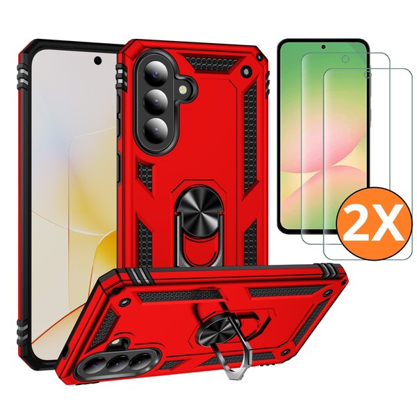 Ntech Hoesje Geschikt voor Samsung Galaxy A57 4G / 5G Hoesje Rood Anti-Shock Hybrid Armor hoesje Met Draaibare Ring Houder - Samsung A57 Screenprotector 2 pack