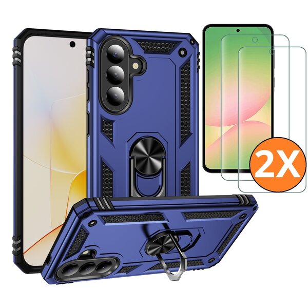 Ntech Hoesje Geschikt voor Samsung Galaxy A57 4G / 5G Hoesje Blauw Anti-Shock Hybrid Armor hoesje Met Draaibare Ring Houder - Samsung A57 Screenprotector 2 pack