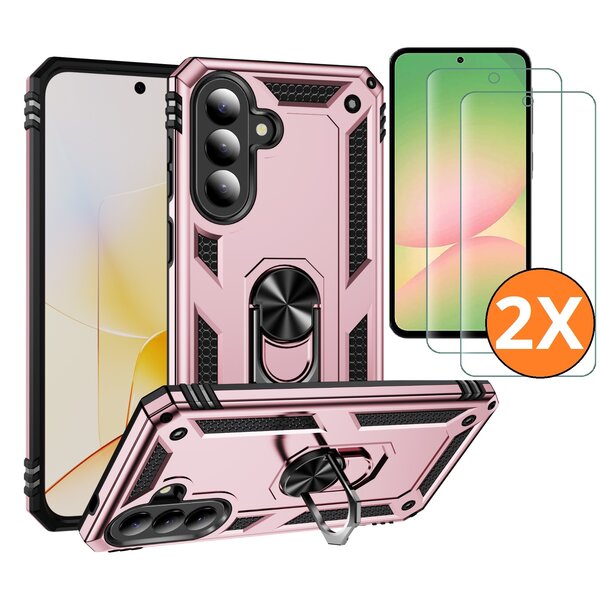 Ntech Hoesje Geschikt voor Samsung Galaxy A57 4G / 5G Hoesje Rose Goud Anti-Shock Hybrid Armor hoesje Met Draaibare Ring Houder - Samsung A57 Screenprotector 2 pack