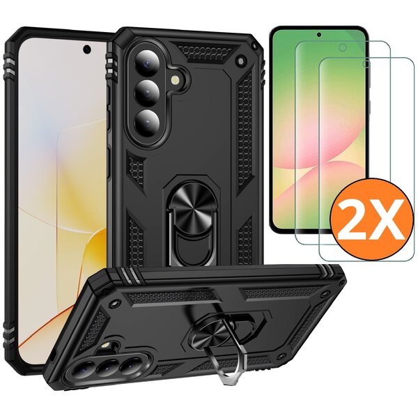 Ntech Hoesje Geschikt voor Samsung Galaxy A57 4G / 5G Hoesje Zwart Anti-Shock Hybrid Armor hoesje Met Draaibare Ring Houder - Samsung A57 Screenprotector 2 pack