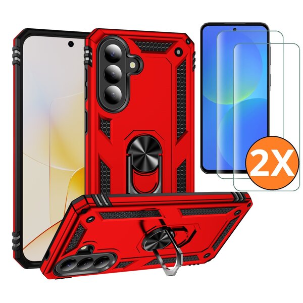Ntech Hoesje Geschikt voor Samsung Galaxy A37 5G Hoesje Rood - Anti-Shock Hybrid Armor hoesje Met Draaibare Ring Houder - Samsung A37 Screenprotector 2 pack