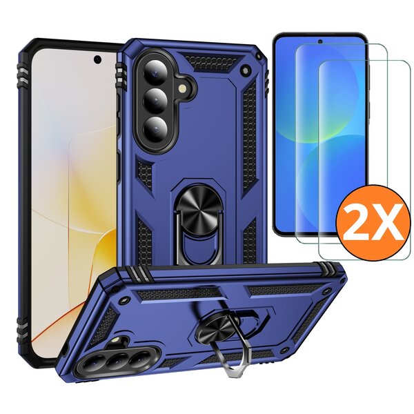 Ntech Hoesje Geschikt voor Samsung Galaxy A37 5G Hoesje Blauw - Anti-Shock Hybrid Armor hoesje Met Draaibare Ring Houder - Samsung A37 Screenprotector 2 pack