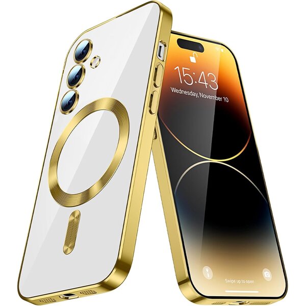 Ntech Hoesje Geschikt voor Samsung Galaxy S25 FE hoesje backcover Goud – Geschikt voor Magsafe Lens beschermer – Transparant