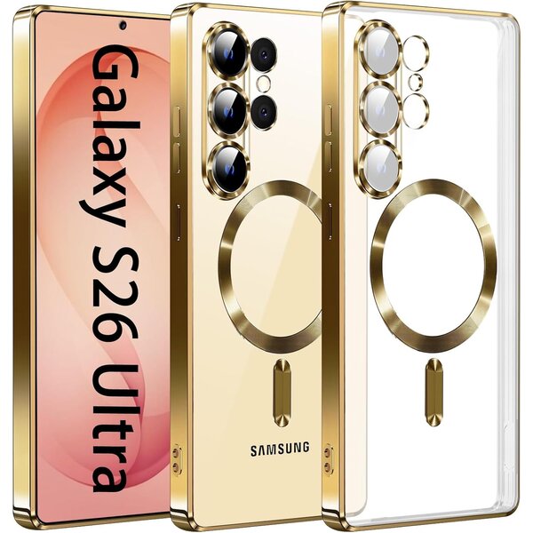 Ntech Hoesje Geschikt voor Samsung Galaxy S26 Ultra hoesje backcover Goud – Geschikt voor Magsafe Lens beschermer – Transparant