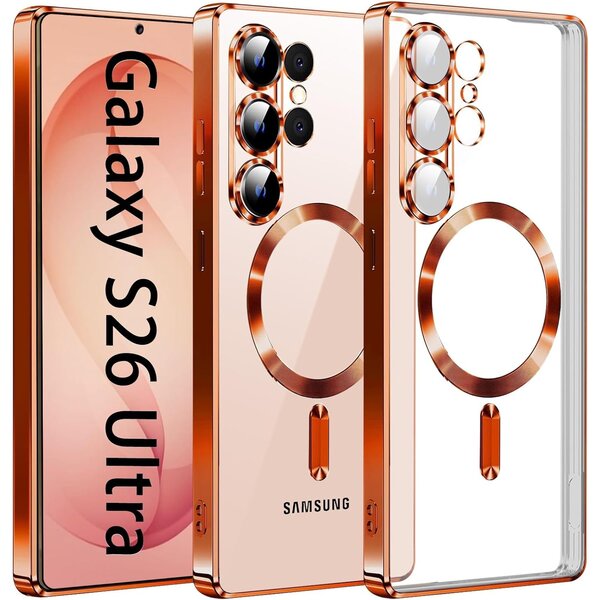 Ntech Hoesje Geschikt voor Samsung Galaxy S26 Ultra hoesje backcover Oranje – Geschikt voor Magsafe Lens beschermer – Transparant