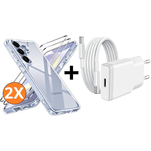 Ntech USB C Adapter oplader - USB C Snellader 20W Met 1m Kabel - Hoesje Geschikt voor Samsung Galaxy S26 5G transparant Anti Shock silicone met 2x screenprotector- Ntech COMBI-SET