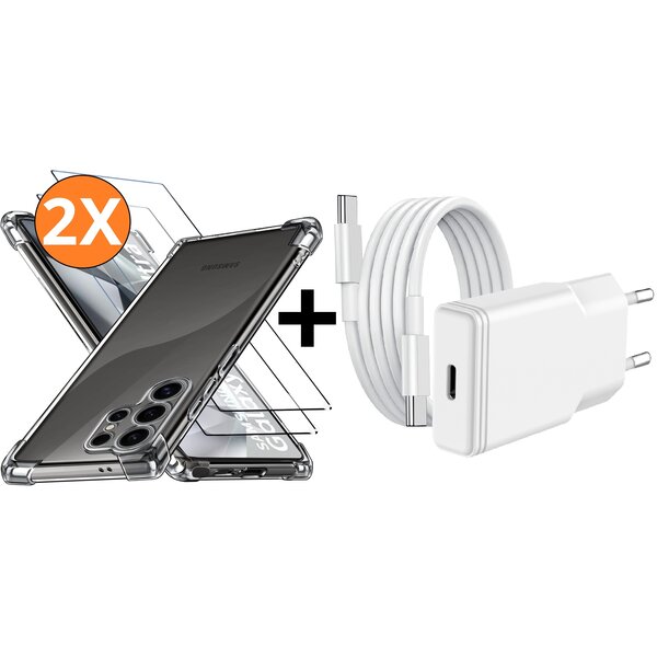 Ntech USB C Adapter oplader - USB C Snellader 20W Met 1m Kabel - Hoesje Geschikt voor Samsung Galaxy S26 Ultra 5G transparant Anti Shock silicone met 2x screenprotector- Ntech COMBI-SET