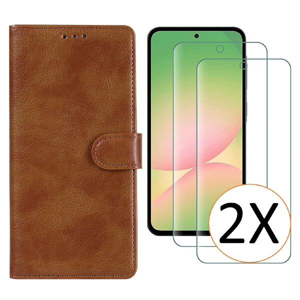 Ntech Hoesje geschikt voor Samsung Galaxy A57 5G hoesje Bruin pasjeshouder telefoon hoes - Met screenprotector tempered glass voor Galaxy A57 5G - 2x