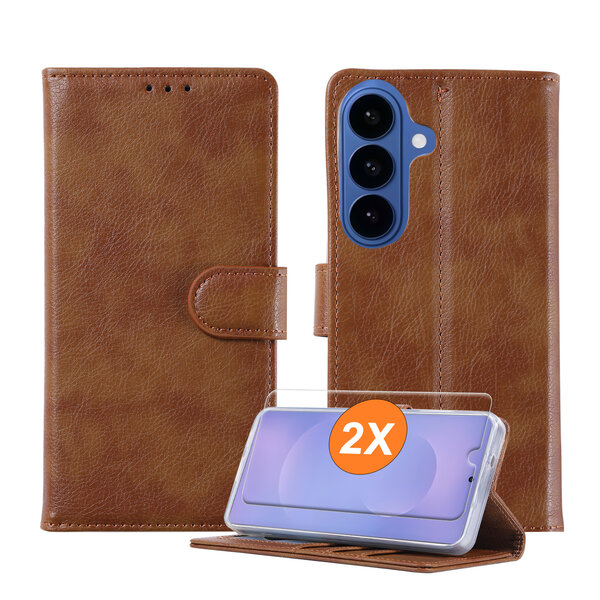 Ntech  Hoesje geschikt voor Samsung Galaxy S26 5G hoesje Bruin pasjeshouder telefoon hoes - Met screenprotector tempered glass voor Galaxy S26 5G - 2x