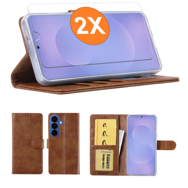 Ntech  Hoesje geschikt voor Samsung Galaxy S26 Plus 5G hoesje Bruin pasjeshouder telefoon hoes - Met screenprotector tempered glass voor Galaxy S26 Plus 5G - 2x
