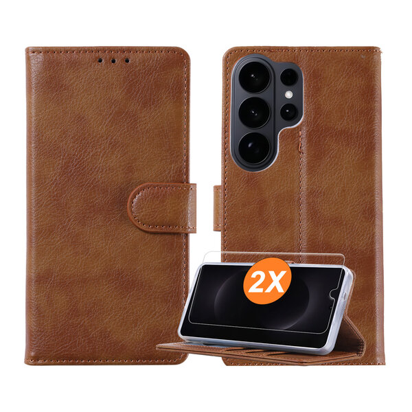 Ntech  Hoesje geschikt voor Samsung Galaxy S26 Ultra 5G hoesje Bruin pasjeshouder telefoon hoes - Met screenprotector tempered glass voor Galaxy S26 Ultra 5G - 2x