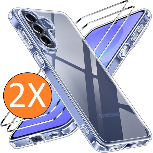 Ntech Hoesje geschikt voor Samsung Galaxy A57 Hoesje transparant - Anti Shock silicone hoesje Galaxy A57 case met 2 Pack Screenprotector tempered glass voor Samsung A57