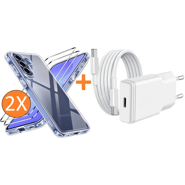 Ntech USB C Adapter 20W - USB C Snellader Met 1M USB  C Kabel - Hoesje Geschikt voor Samsung Galaxy A57 transparant Anti Shock silicone hoesje met 2x screenprotector- Ntech COMBI-SET