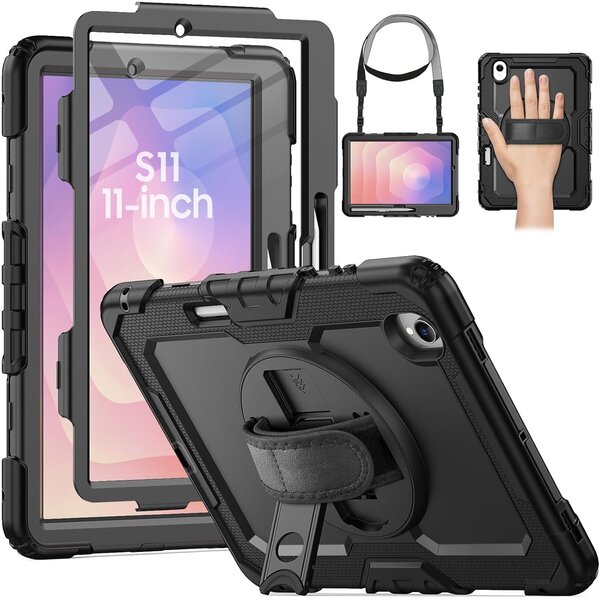 Ntech Hoes met ingebouwde Screenprotector Geschikt voor Samsung Galaxy S11 2025 hoes - Extreme Armor met screenprotector, Schouderiem, Handriem en Pencilhouder hoes - voor Horeca en Bouw - Zwart