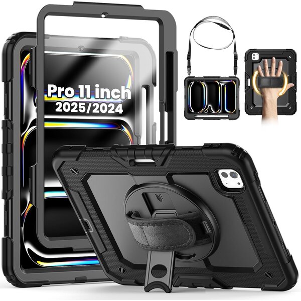 Ntech Hoes met ingebouwde Screenprotector Geschikt voor iPad Pro 11 inch M5/M4 2025/2024 hoes en iPad Pro 11 M5 / M4 hoes -  Extreme Armor met screenprotector, Schouderiem, Handriem en Pencilhouder hoes - voor Horeca en Bouw - Zwart