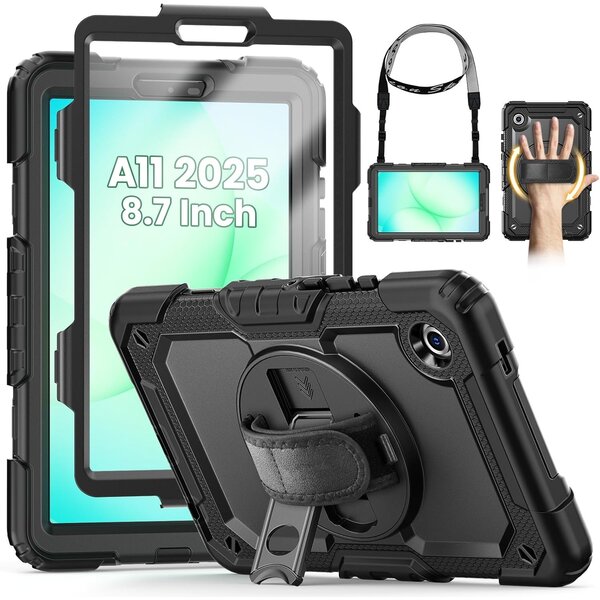 Ntech Hoes met ingebouwde Screenprotector Geschikt voor Samsung Galaxy A11 en A9 hoes - Extreme Armor met screenprotector, Schouderiem, Handriem en Pencilhouder hoes - voor Horeca en Bouw - Zwart