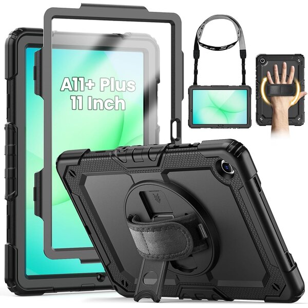 Ntech Hoes met ingebouwde Screenprotector Geschikt voor Samsung Galaxy A11 Plus hoes Extreme Armor met screenprotector, Schouderiem, Handriem en Pencilhouder hoes - voor Horeca en Bouw - Zwart