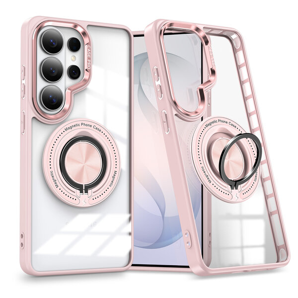 Ntech Magsafe Hoesje Geschikt voor Samsung Galaxy S26 Ultra hoesje Transparant Rose Goud - Met kickstand Draaibare Ring Houder