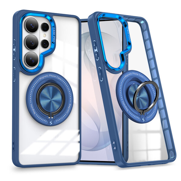 Ntech Magsafe Hoesje Geschikt voor Samsung Galaxy S26 Ultra hoesje Transparant Blauw - Met kickstand Draaibare Ring Houder