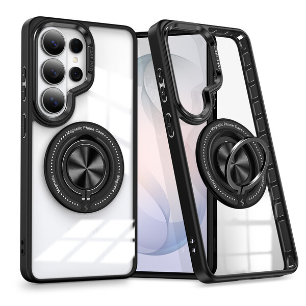 Ntech Magsafe Hoesje Geschikt voor Samsung Galaxy S26 Ultra hoesje Transparant Zwart - Met kickstand Draaibare Ring Houder