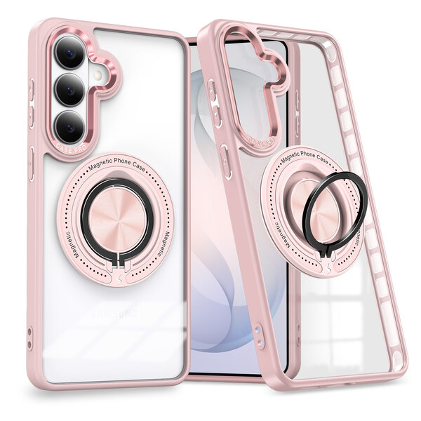 Ntech Magsafe Hoesje Geschikt voor Samsung Galaxy S26 hoesje Transparant Rose Goud - Met kickstand Draaibare Ring Houder