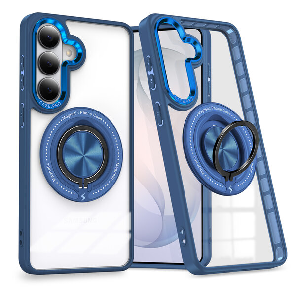 Ntech Magsafe Hoesje Geschikt voor Samsung Galaxy S26 hoesje Transparant Blauw - Met kickstand Draaibare Ring Houder