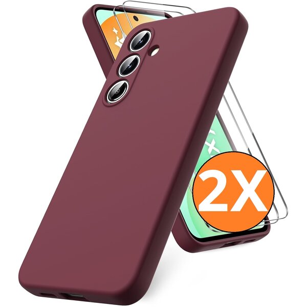 Ntech Hoesje geschikt voor Samsung Galaxy S25 FE 5G Hoesje siliconen Wine Rood zacht siliconen hoesje TPU - met Samsung S25 FE Screenprotector - 2 stuks