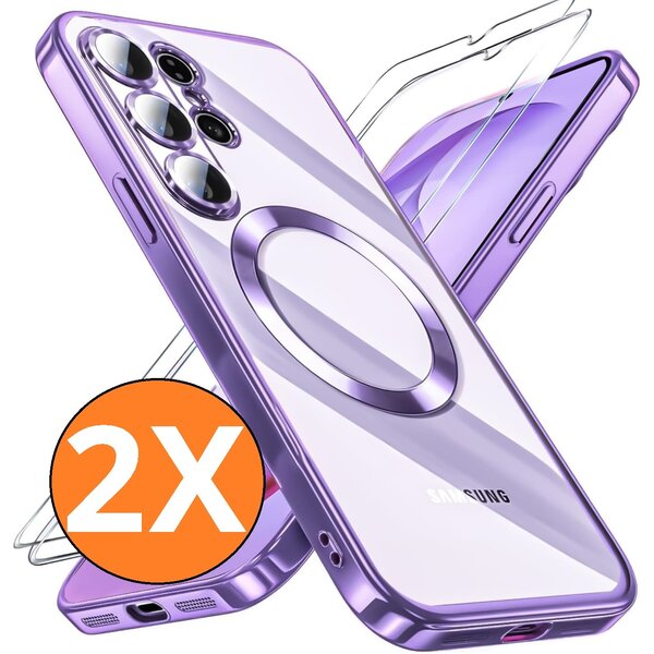 Ntech Hoesje Magsafe Geschikt voor Samsung Galaxy S26 hoesje backcover Paars – Lens beschermer – Transparant hoesje met Samsung S26 screenprotector - 2 stuks