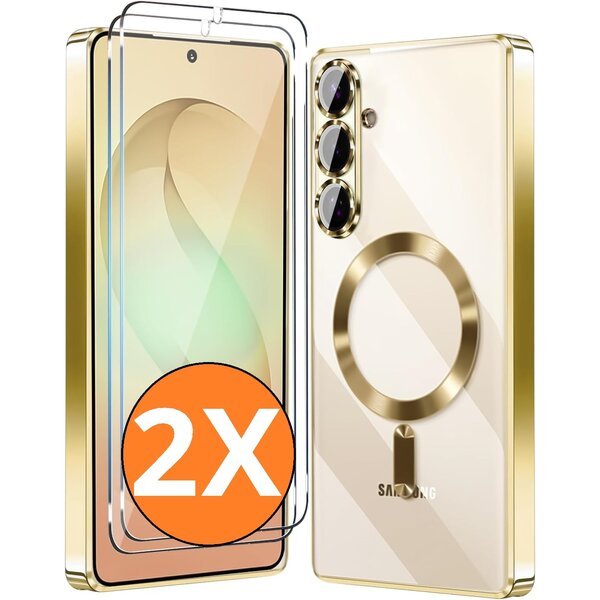 Ntech Hoesje Magsafe Geschikt voor Samsung Galaxy S26 hoesje backcover Goud – Lens beschermer – Transparant hoesje met Samsung S26 screenprotector - 2 stuks