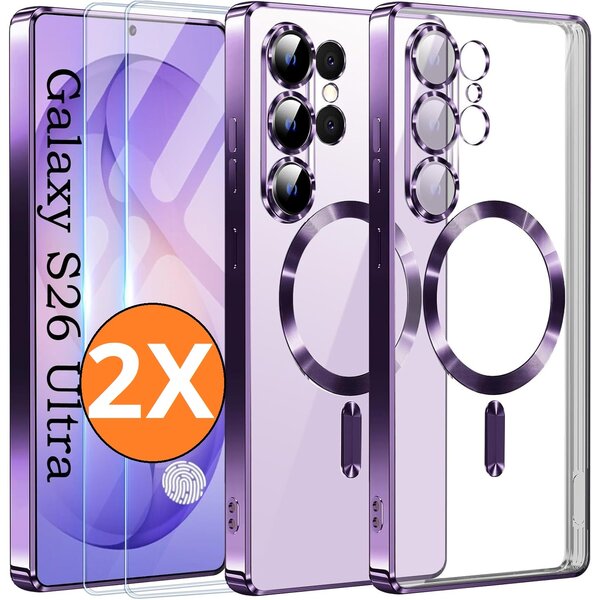Ntech Hoesje Magsafe Geschikt voor Samsung Galaxy S26 Ultra hoesje backcover Paars – Lens beschermer – Transparant hoesje met Samsung S26 Ultra screenprotector - 2 stuks