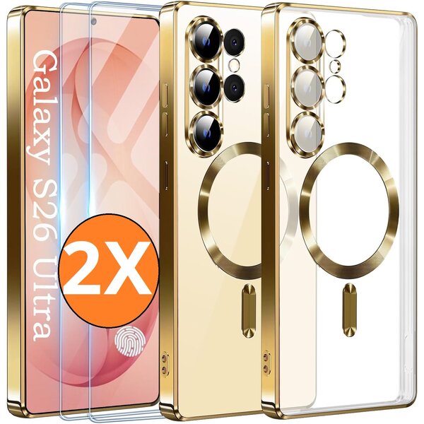 Ntech Hoesje Magsafe Geschikt voor Samsung Galaxy S26 Ultra hoesje backcover Goud – Lens beschermer – Transparant hoesje met Samsung S26 Ultra screenprotector - 2 stuks