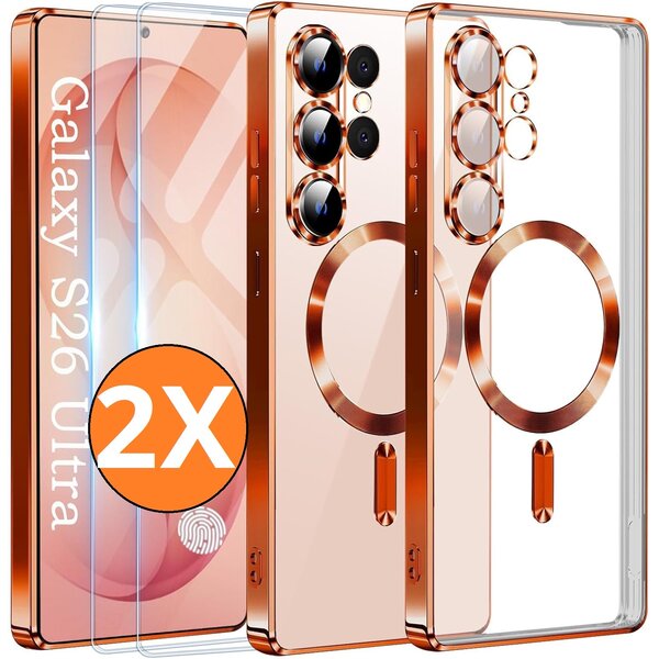 Ntech Hoesje Magsafe Geschikt voor Samsung Galaxy S26 Ultra hoesje backcover Oranje – Lens beschermer – Transparant hoesje met Samsung S26 Ultra screenprotector - 2 stuks