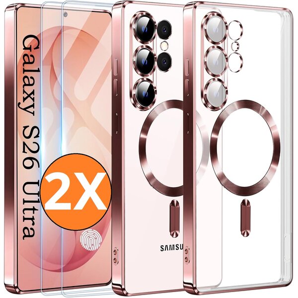 Ntech Hoesje Magsafe Geschikt voor Samsung Galaxy S26 Ultra hoesje backcover Rose Goud – Lens beschermer – Transparant hoesje met Samsung S26 Ultra screenprotector - 2 stuks