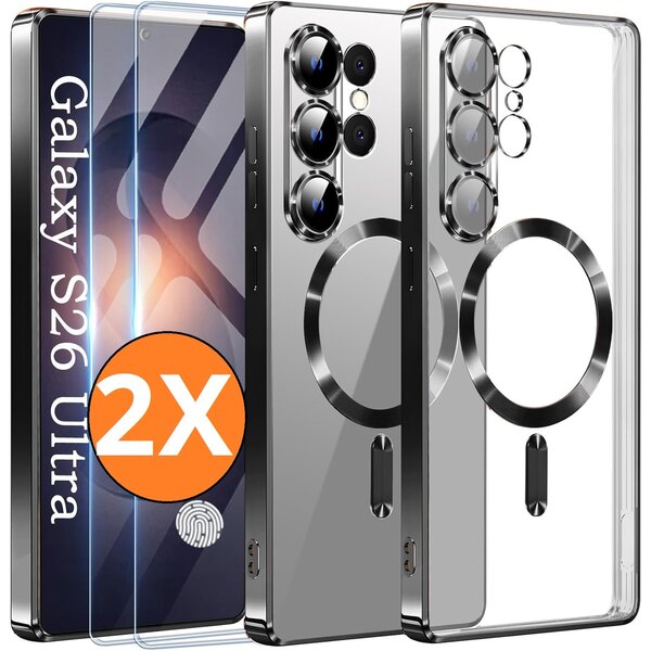 Ntech Hoesje Magsafe Geschikt voor Samsung Galaxy S26 Ultra hoesje backcover Zwart – Lens beschermer – Transparant hoesje met Samsung S26 Ultra screenprotector - 2 stuks