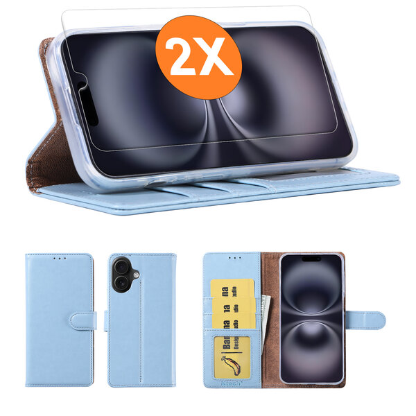 Ntech Hoesje geschikt voor iPhone 16 Plus hoesje Blauw pasjeshouder telefoon hoes - Met screenprotector tempered glass voor iPhone 16 Plus - 2x