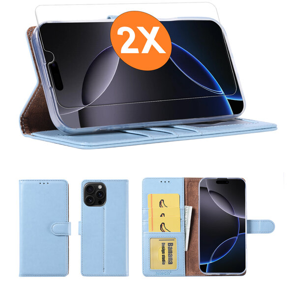 Ntech Hoesje geschikt voor iPhone 16 Pro Max hoesje Blauw pasjeshouder telefoon hoes - Met screenprotector tempered glass voor iPhone 16 Pro Max - 2x