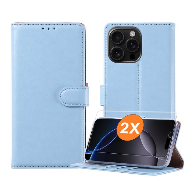 Ntech Hoesje geschikt voor iPhone 16 Pro hoesje Blauw pasjeshouder telefoon hoes - Met screenprotector tempered glass voor iPhone 16 Pro - 2x
