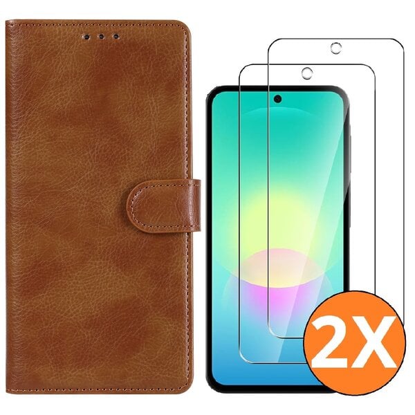 Ntech Hoesje geschikt voor Samsung Galaxy A27 5G Hoesje Bruin met Pasjeshouder + 2x Screenprotector Tempered Glass – Schokbestendige Wallet Telefoonhoes
