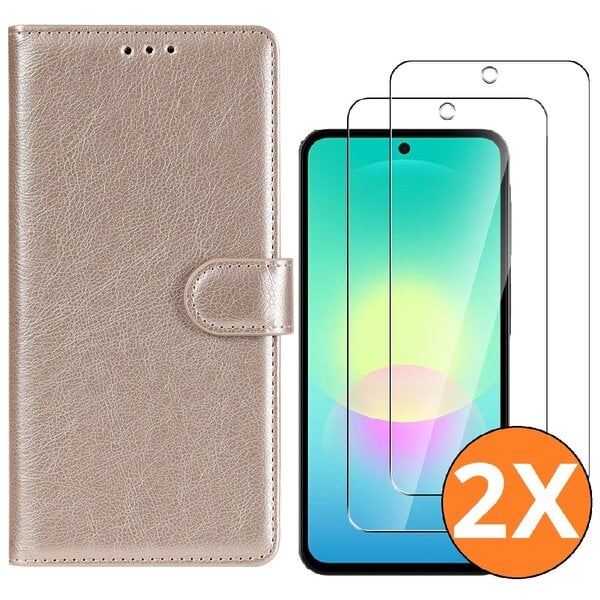Ntech Hoesje geschikt voor Samsung Galaxy A27 5G Hoesje Goud met Pasjeshouder + 2x Screenprotector Tempered Glass – Schokbestendige Wallet Telefoonhoes