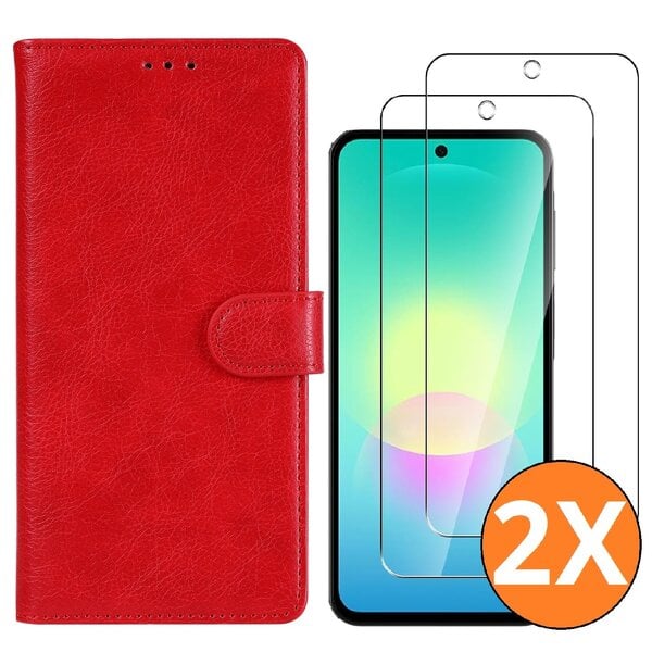 Ntech Hoesje geschikt voor Samsung Galaxy A27 5G Hoesje Rood met Pasjeshouder + 2x Screenprotector Tempered Glass – Schokbestendige Wallet Telefoonhoes