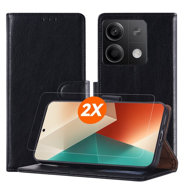 Ntech Hoesje geschikt voor Xiaomi Redmi Note 13 Pro 5G Hoesje Zwart met Pasjeshouder + 2x Screenprotector Tempered Glass – Schokbestendige Wallet Telefoonhoes
