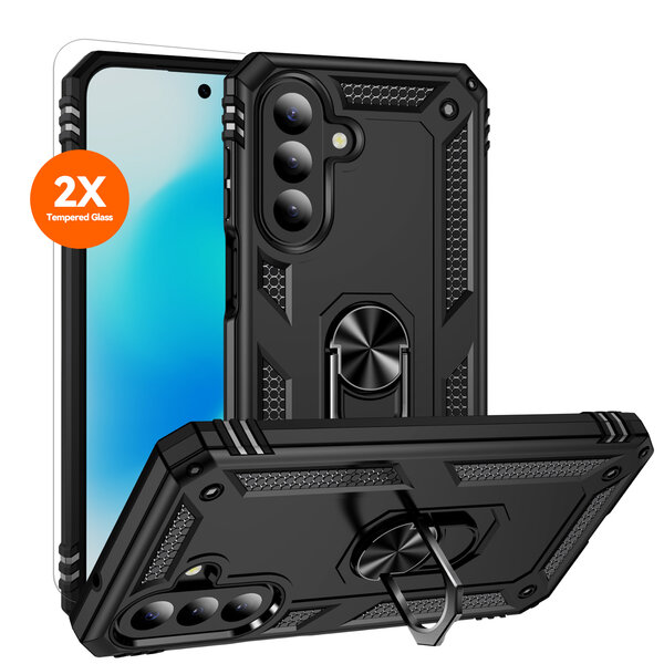 Ntech Hoesje Geschikt voor Samsung Galaxy A27 Hoesje – Zwart Hybride Armor Anti-Shock Hoes met Draaibare Ringhouder – Inclusief 2x Screenprotector