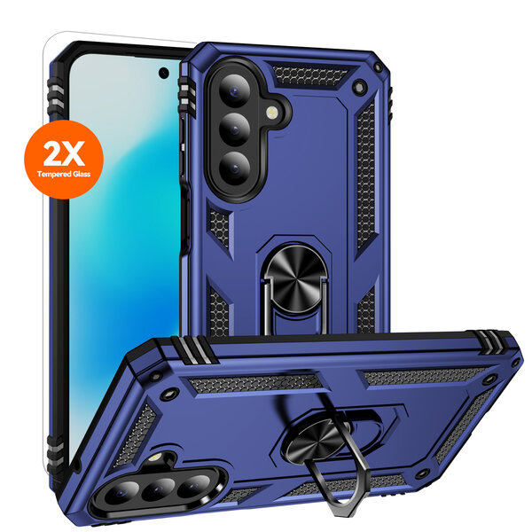 Ntech Hoesje Geschikt voor Samsung Galaxy A27 Hoesje – Blauw Hybride Armor Anti-Shock Hoes met Draaibare Ringhouder – Inclusief 2x Screenprotector
