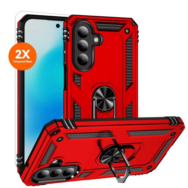 Ntech Hoesje Geschikt voor Samsung Galaxy A27 Hoesje – Rood Hybride Armor Anti-Shock Hoes met Draaibare Ringhouder – Inclusief 2x Screenprotector