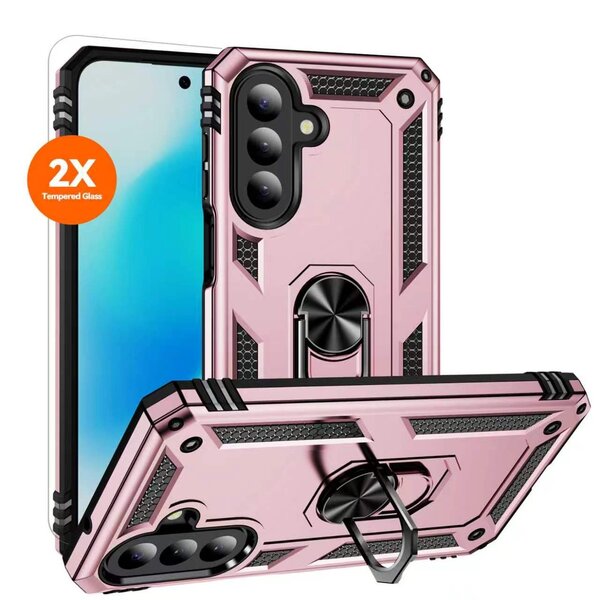 Ntech Hoesje Geschikt voor Samsung Galaxy A27 Hoesje – Rose Goud Hybride Armor Anti-Shock Hoes met Draaibare Ringhouder – Inclusief 2x Screenprotector