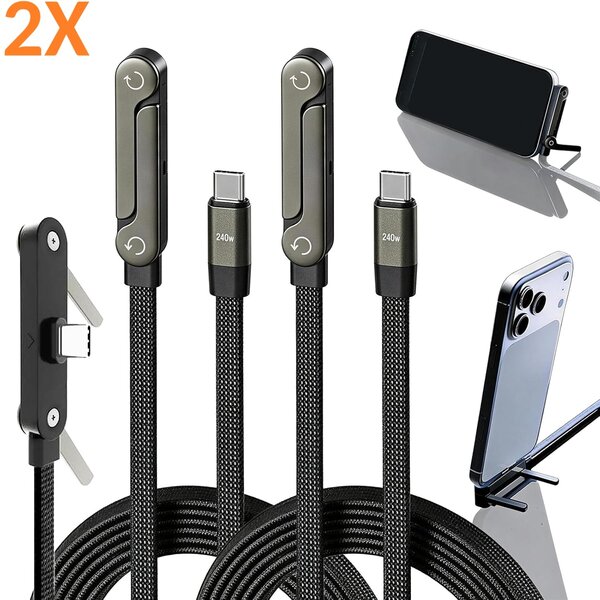 Ntech Ntech USB-C Kabel 1,5m (2 Stuks) – 240W Snellaadkabel met Geïntegreerde Telefoonstandaard, USB-C naar USB-C Data Kabel voor iPhone 17/16/15 Pro, Samsung Galaxy S26 Ultra/S25/A57/A37/A27/A17/A18/A36, Tablets en Powerbanks
