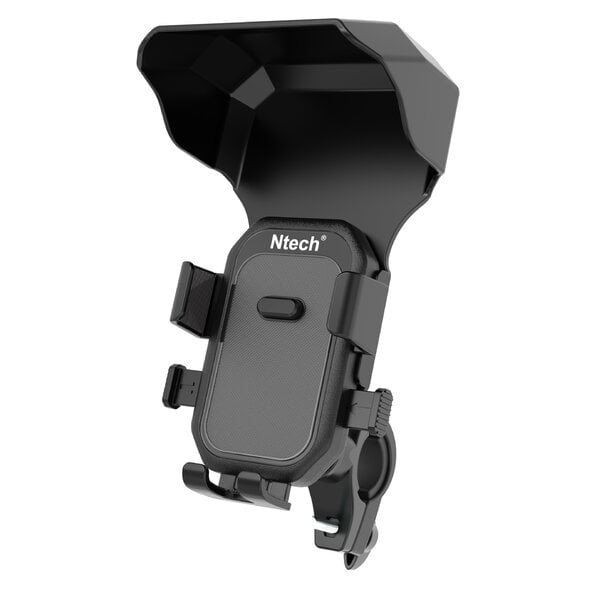 Ntech Fiets Telefoonhouder 2-in-1 – Universele GSM Houder met Zonneklep voor Fiets, E-bike, Fatbike, Motor & Scooter - Accessoires – 360° Draaibaar met Safety Lock en Anti-Schok Systeem - Ntech