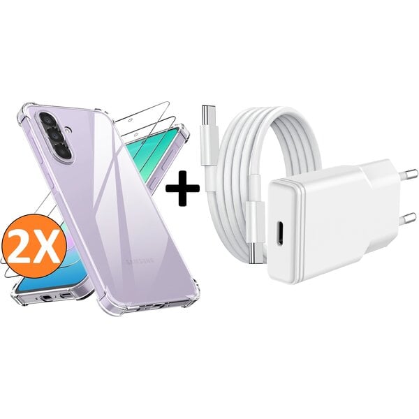 Ntech USB C Adapter oplader - USB C Snellader 20W Met 1m Kabel - Hoesje Geschikt voor Samsung Galaxy A27 transparant Anti Shock silicone met 2x screenprotector- Ntech COMBI-SET