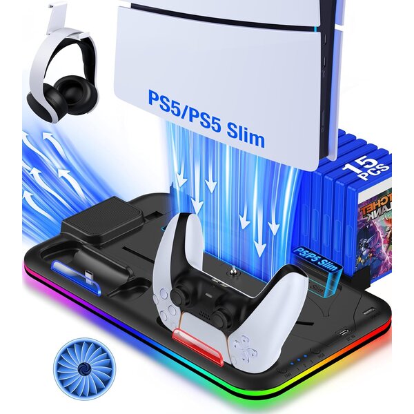 Ntech PS5 Cooling Station & Controller Oplaadstation met RGB Verlichting – Charging Dock, Controllerhouder & Headsethouder – Geschikt voor PS5, PS5 Slim, PS5 Pro, Digital & Disc Edition – Zwart