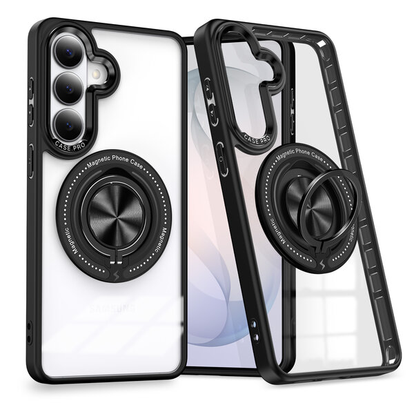 Ntech Magsafe Hoesje Geschikt voor Samsung Galaxy S26 hoesje Transparant Zwart - Met kickstand Draaibare Ring Houder